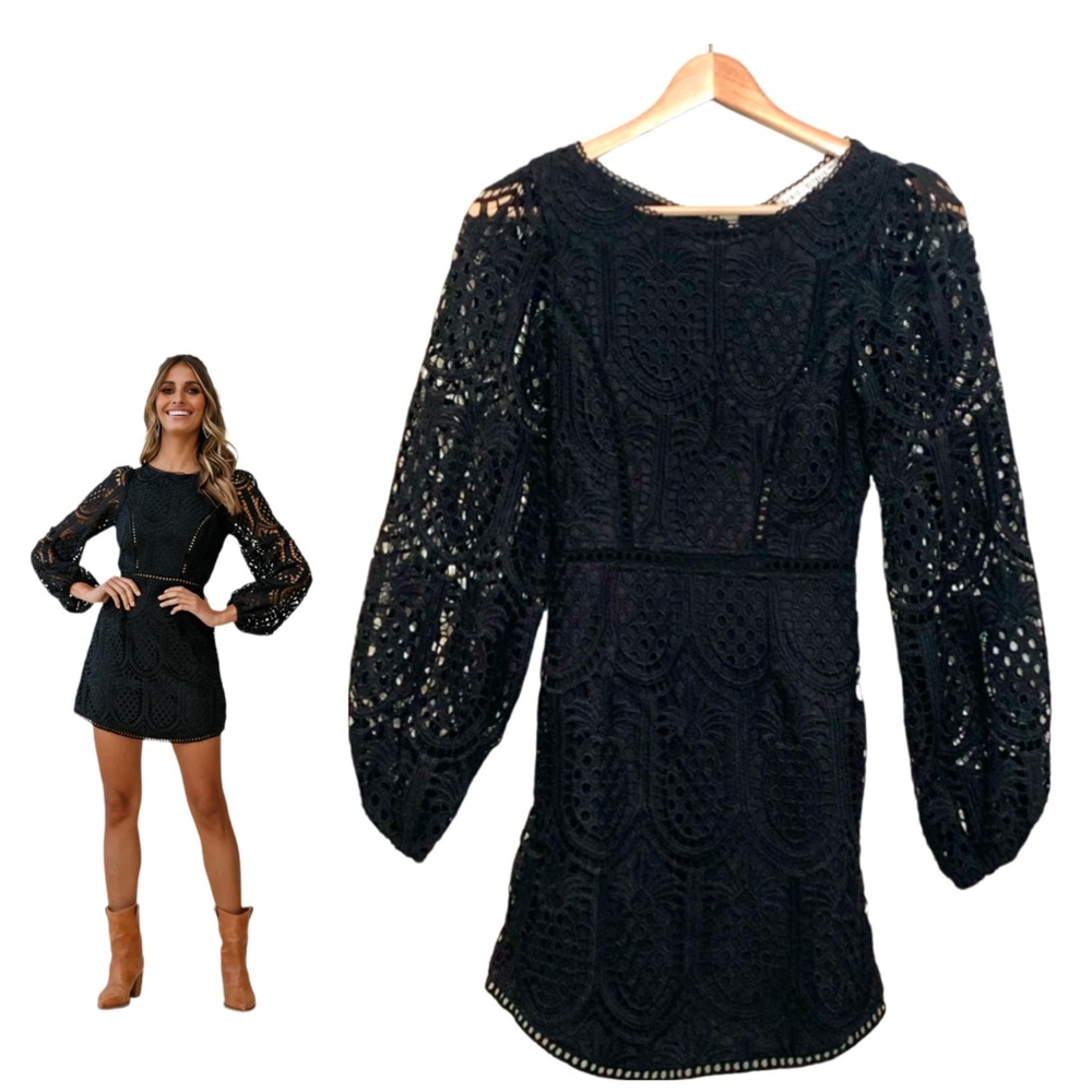 Saints & Secrets Black Pineapple Crochet Overlay Balloon Sleeve Mini Dress XS